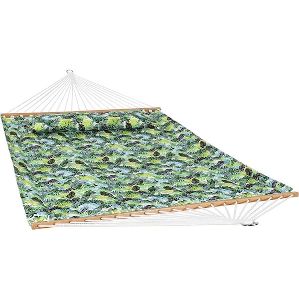 Unbranded 11 ft. 2-Person Quilted Printed Fabric Spreader Bar Hammock and Pillow (Tropical Greenery）