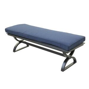 16 in. H x 19 in. W x 58 in. D Retro Aluminum Outdoor Dining Bench with Grey Blue Cushion for Patio Gazebo