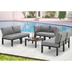Black 7-Piece Metal Patio Sectional Conversation Set with Gray Cushions