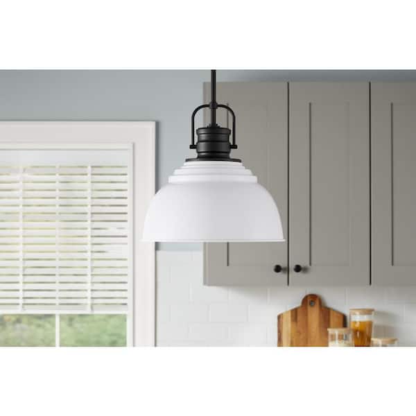 Home Decorators Collection Shelston 13 in. 1-Light Black and White Farmhouse Pendant Light Fixture with Metal Shade