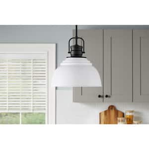 Shelston 13 in. 1-Light Black and White Farmhouse Pendant Light Fixture with Metal Shade