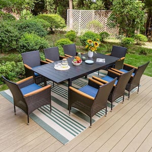 Black 9-Piece Metal Patio Outdoor Dining Set with Extendable Table and Rattan Chairs with Blue Cushion