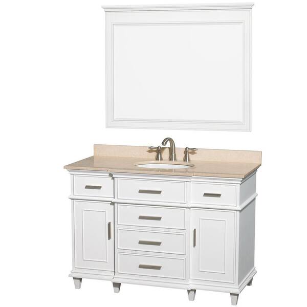 Wyndham Collection Berkeley 48 in. Vanity in White with Marble Vanity Top in Ivory, Oval Sink and 44 in. Mirror