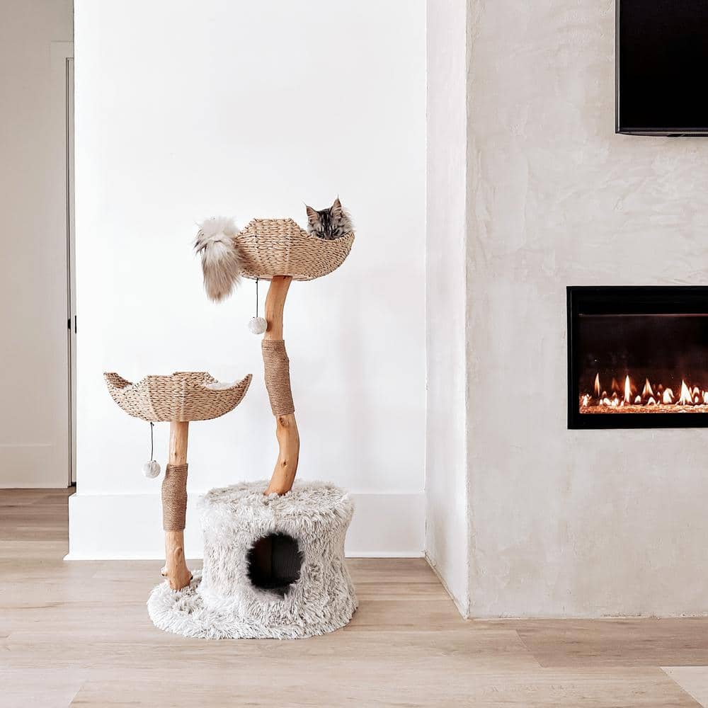 Handmade Grey Woven Rattan and Wood Cat Tree