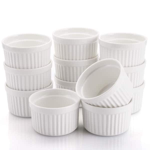 12-Piece Fluted Round Porcelain Ramekin Bakeware Set White Souffle Custard Baking Cups for Cooking Serving
