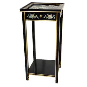 14 in. Lacquer Birds and Flowers Oriental Pedestal in Black