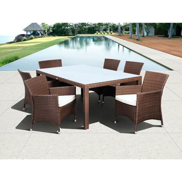 Atlantic Contemporary Lifestyle Grand New Liberty Deluxe Rectangular Brown 7-Piece All-Weather Wicker Patio Dining Set with Off-White Cushions