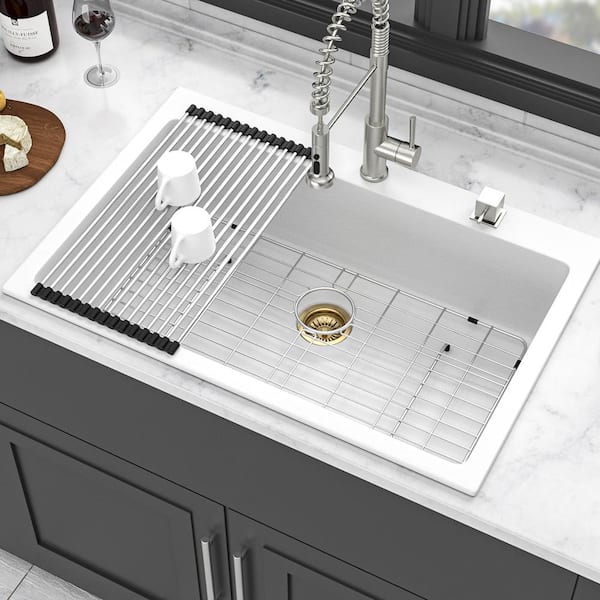 Coporesell 33 in. Drop-In Single Bowl White Quartz Kitchen Sink with Bottom Grids