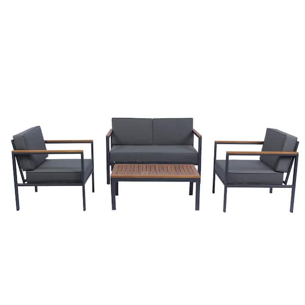 Sudzendf 4 Piece Outdoor Sofa Set with Acacia Wood Top, Padded Patio Conversation Table Chair Set Dark Gray Cushion