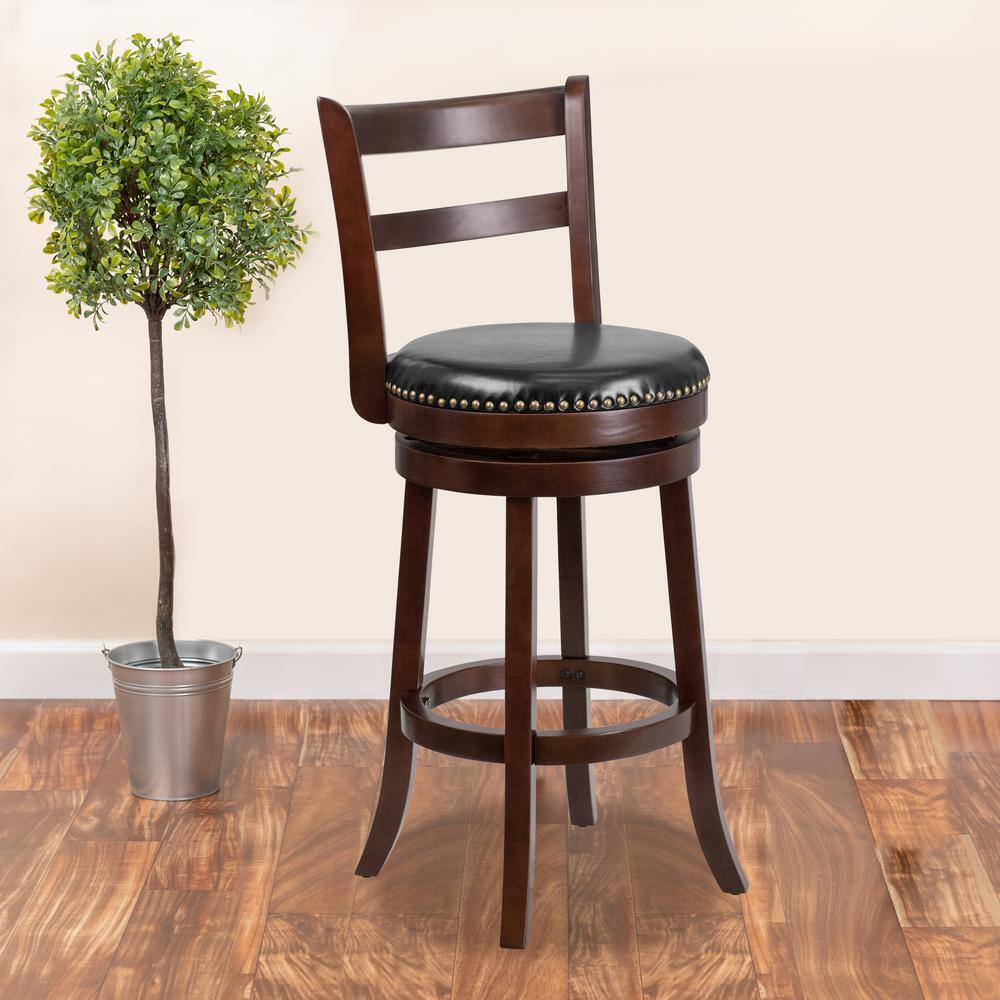 Elegant Cappuccino Wood Barstool with Black Leather Swivel Seat