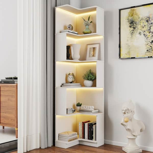 Nathan 68.9 in. Tall White Wood 5-Shelf Accent Storage Bookcase with Baffle, Led Lights
