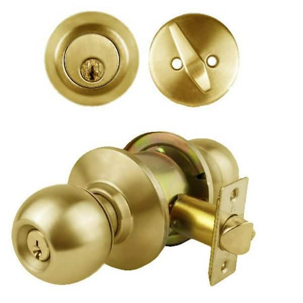 ECB Series Keyed Cylindrical Knob and Single Cylinder Deadbolt Combo Pack,2‑3/8in. Backset,Grade 3 Entry in Bright Brass