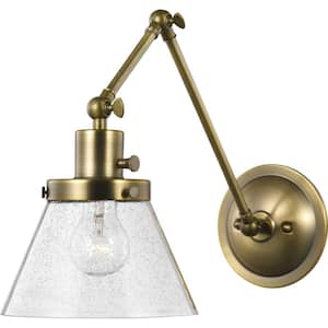 Hinton Collection 1-Light Gold Vintage Brass Clear Seeded Glass Swing Arm Adjustable Coastal Farmhouse Wall Light Sconce