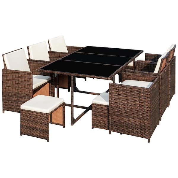 Tozey Brown 11-Piece Rattan Wicker Outdoor Dining Set with Washed Beige Cushion and Glass Table