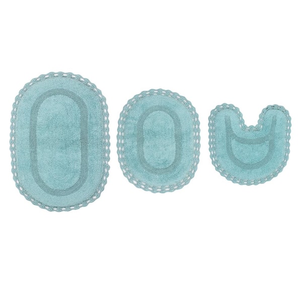 HOME WEAVERS INC Hampton Crochet Reversible 100% Cotton Bath Rug, 3-Pcs Set with Contour, Aqua