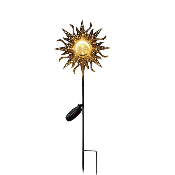 Large Sun Solar Garden Decor, Outdoor Garden Gifts, Crackle Glass Metal Stake Backyard Decor, Waterproof LED Lights
