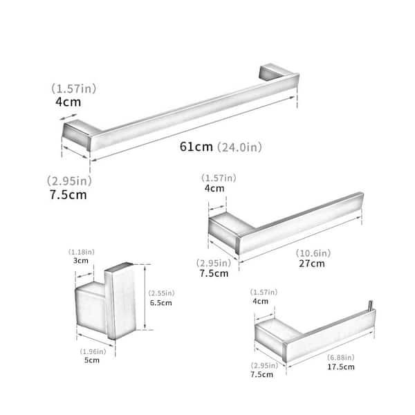 4-Piece Bath Hardware Set with Towel Bars Toilet Paper Holder Robe Hook in Stainless Steel Matte Black