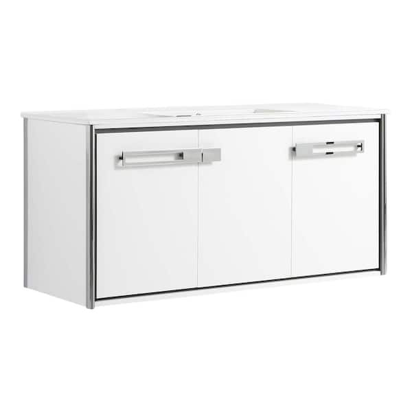 FINE FIXTURES Oakville 48 in. W x 18 in. D x 23.25 in. H Wall Mounted Bathroom Vanity in Matte White with White Ceramic Sink Top
