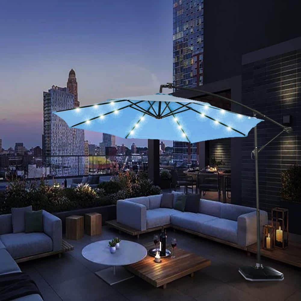 10 ft. Steel Cantilever Solar LED Patio Umbrella in Blue