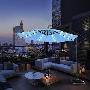 10 ft. Metal Cantilever Solar LED Patio Umbrella in Blue