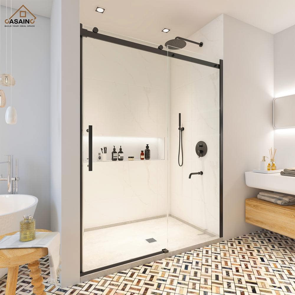 60" W x 76" H Black Frameless Sliding Shower Door