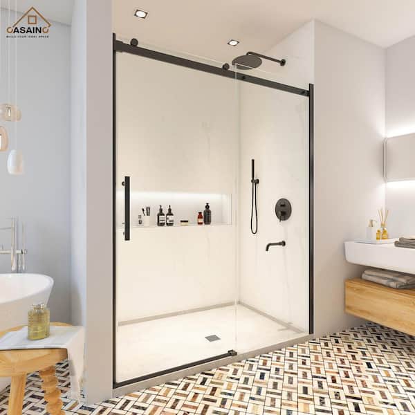 60 in. W x 76 in. H Frameless Single Sliding Shower Door in Matte Black with Clear Shower Glass