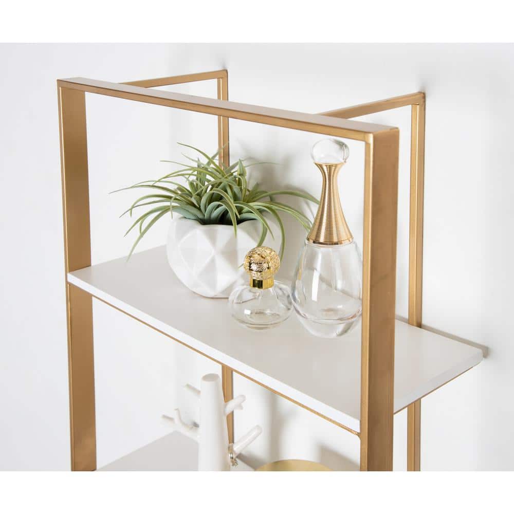 White and Gold Floating Wood Wall Shelf, 32 Inch