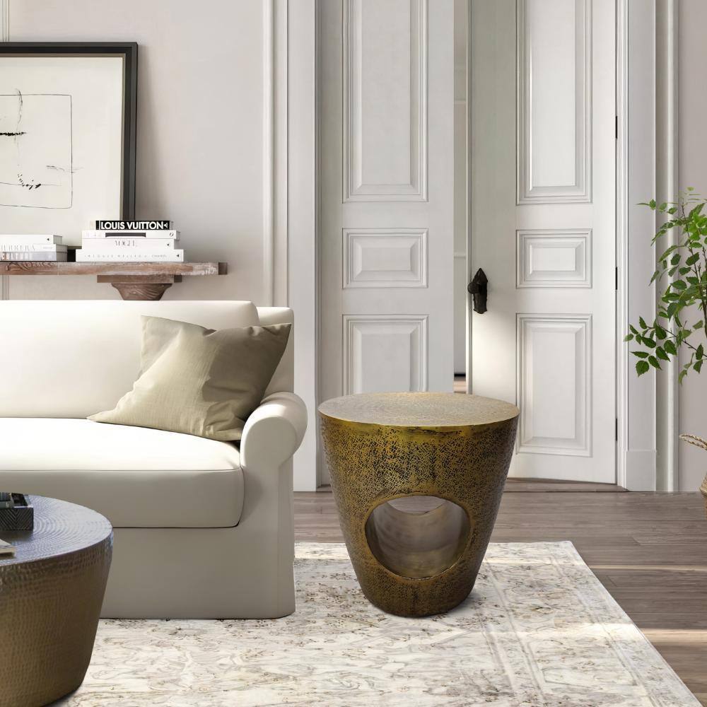 Antique Brass Round Metal Drum Side Table with Hollow Center