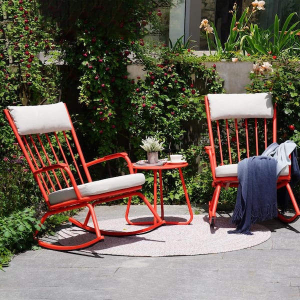 UPLAND Red Metal Outdoor Rocking Chair with Beige Cushion, 3-Piece