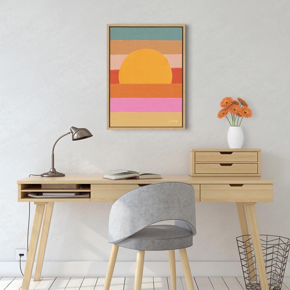 Sunset Waves Colorful Canvas Print with Natural Frame