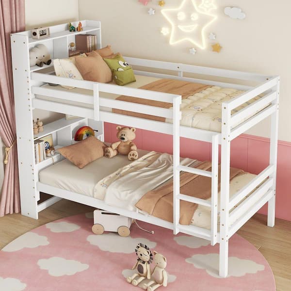 Qualler White Twin Over Twin Bunk Bed with Shelves Headboard and