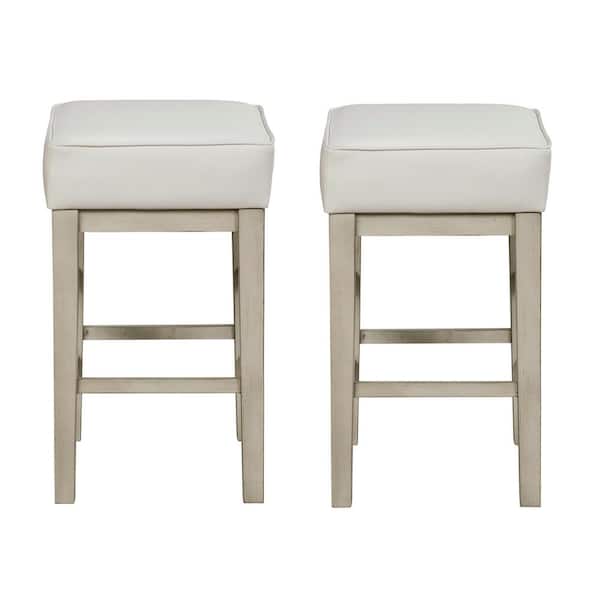 EVERGLADE HOME Kinsale 26 in. White Backless Wood Frame Square Bar Stool with White Faux Leather Seat (Set of 2)