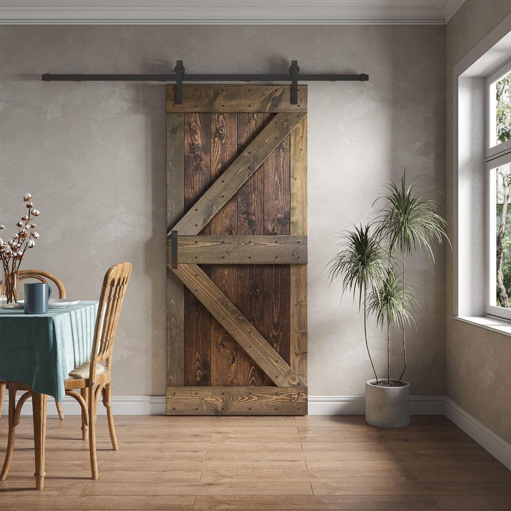 Kona Coffee Smoky Grey Pine Wood Sliding Barn Door with Steel Hardware Kit