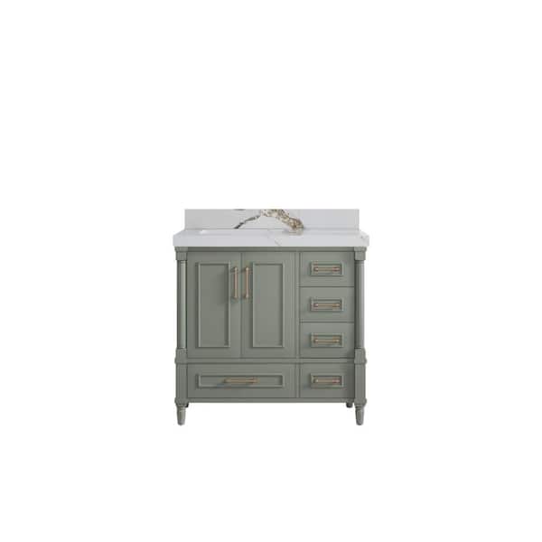 Willow Collections Hudson 36 in. W x 22 in. D x 36 in. H Left Offset Sink Bath Vanity in Evergreen with 2 in. Calacatta Gold Qt. Top