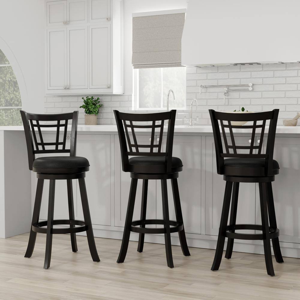 Transitional Black Faux Leather and Wood Swivel Bar Stool