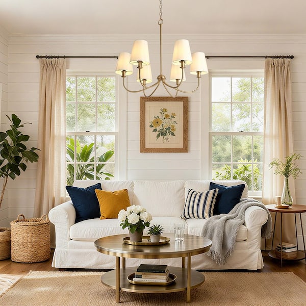 Transitional Plated Brass Linear Chandelier with White Cone Fabric Shades 6-Light Vintage Candlestick Hanging Light