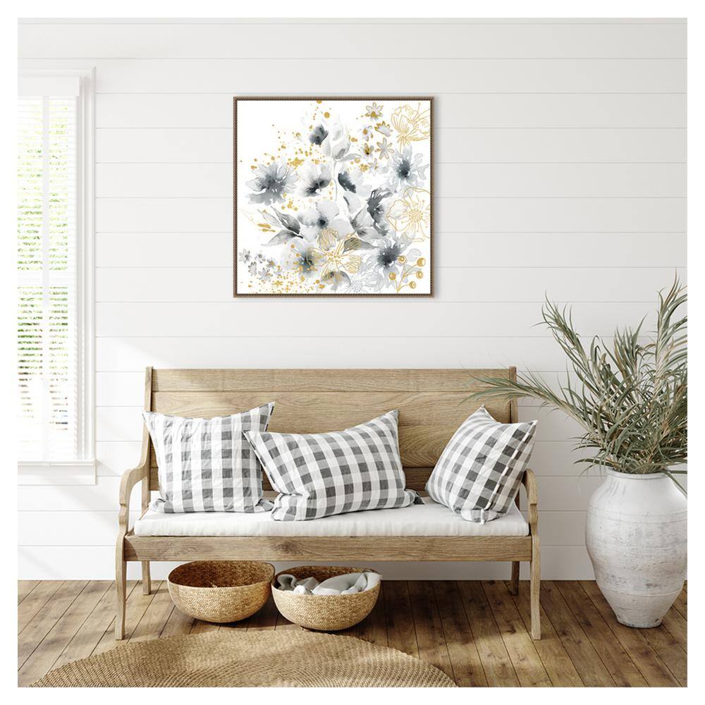 30"x30" Watercolor Gray and Goldenrod Floral Canvas with Bronze Floater Frame