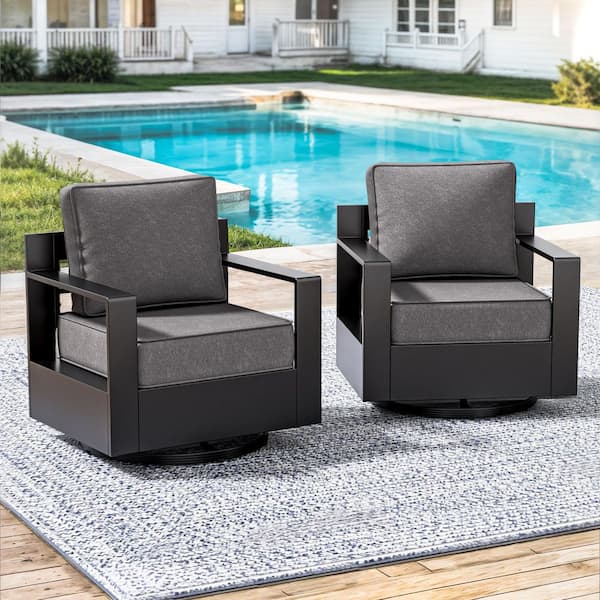 2-Piece Swivel Black Aluminum Outdoor Lounge Chair Rocking Patio Conversation Set with Gray Cushion