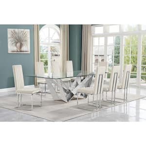 Meryl 9-Piece Rectangular Glass Top Stainless Steel Dining Set With 8 Cream Velvet Fabric Chrome Iron Leg Chairs
