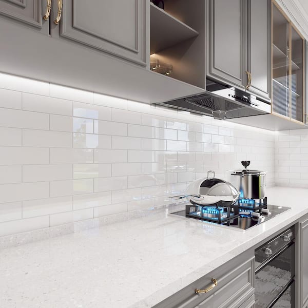 Glass Subway 3 in. x 9 in. x 6mm Wall Tile Case - Bright White (27 Piece, 5 Sq.ft.)