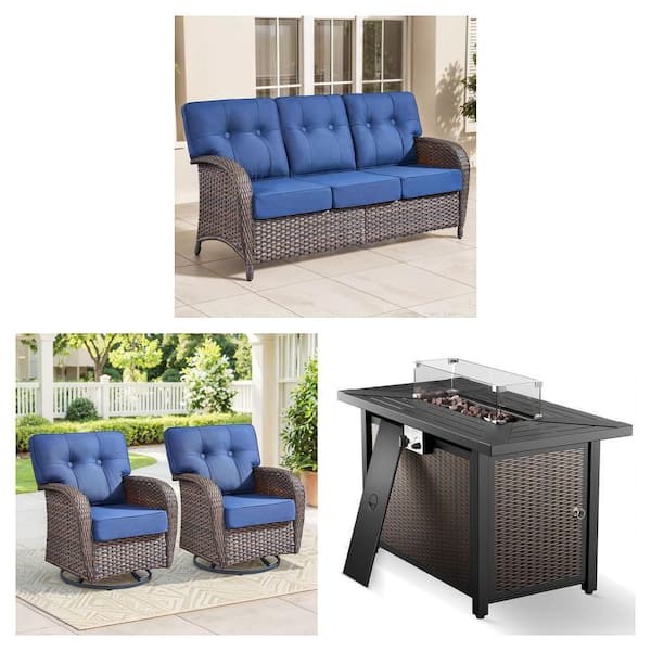 Modern Seaside Wicker Sofa with Blue Cushions, 2-Piece Swivel Rocking Chair and 43 in. Fire Pit Table Combo
