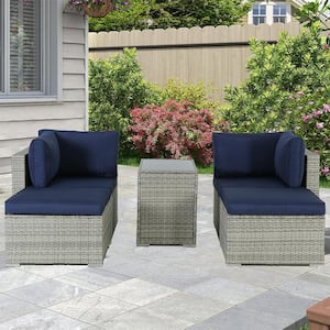 Grey 5-Piece Wicker Outdoor Sectional Set with Blue Cushions