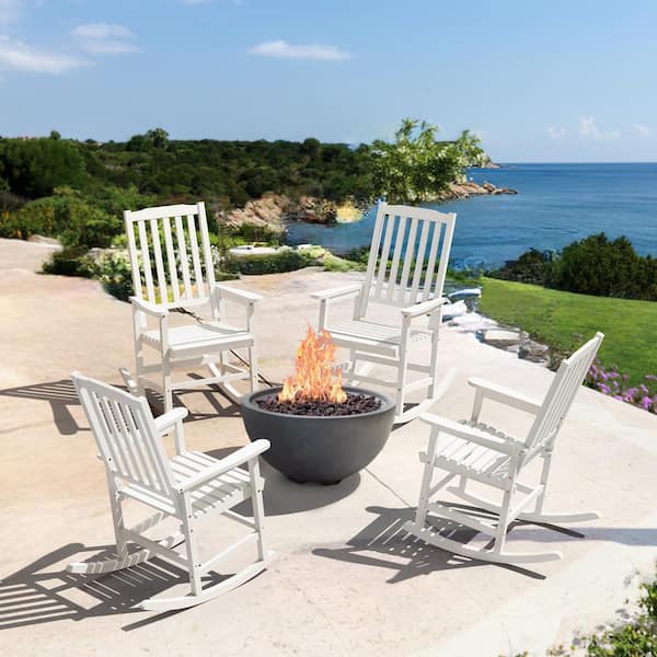 LUE BONA Orson White Acacia Wood Classic Adirondack Weather-Resistant Outdoor Porch Rocker Outdoor Rocking Chair (Set of 4)