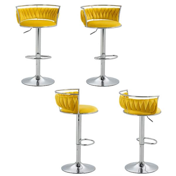 Uixe 38.5 in. Modern Silver Metal Frame Low Back Swivel Adjustable Height Bar Stool with Yellow Velvet Seat (set of 4)