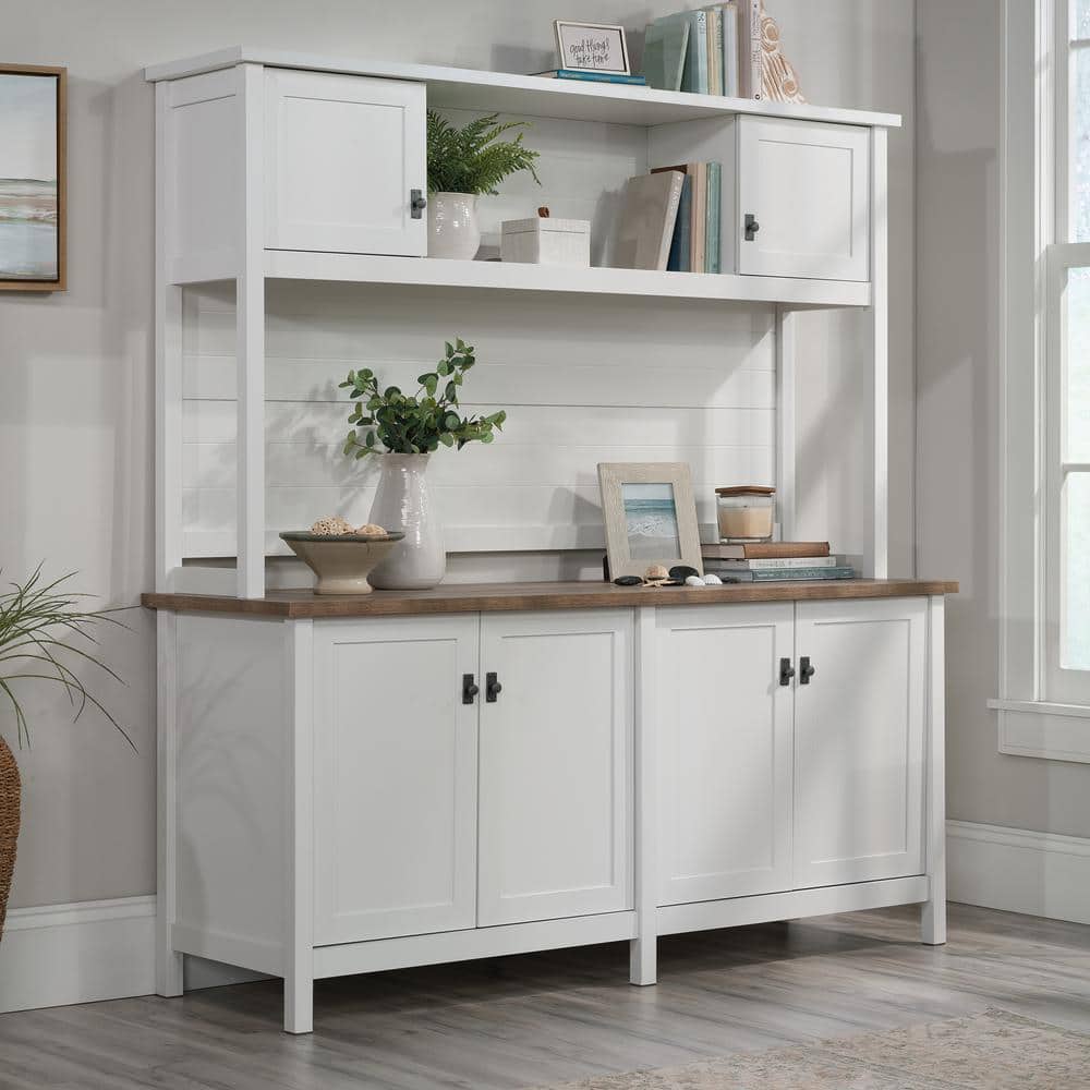 White and Oak Engineered Wood Credenza with Hutch