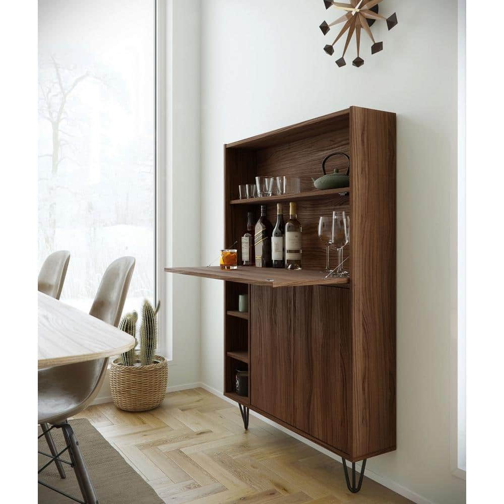 Slim Walnut Secretary Desk with Black Hairpin Legs and Filing Cabinet