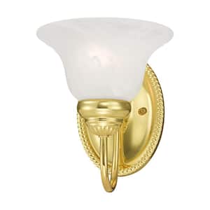 Bodenham 7 in. 1-Light Polished Brass Wall Sconce with White Alabaster Glass