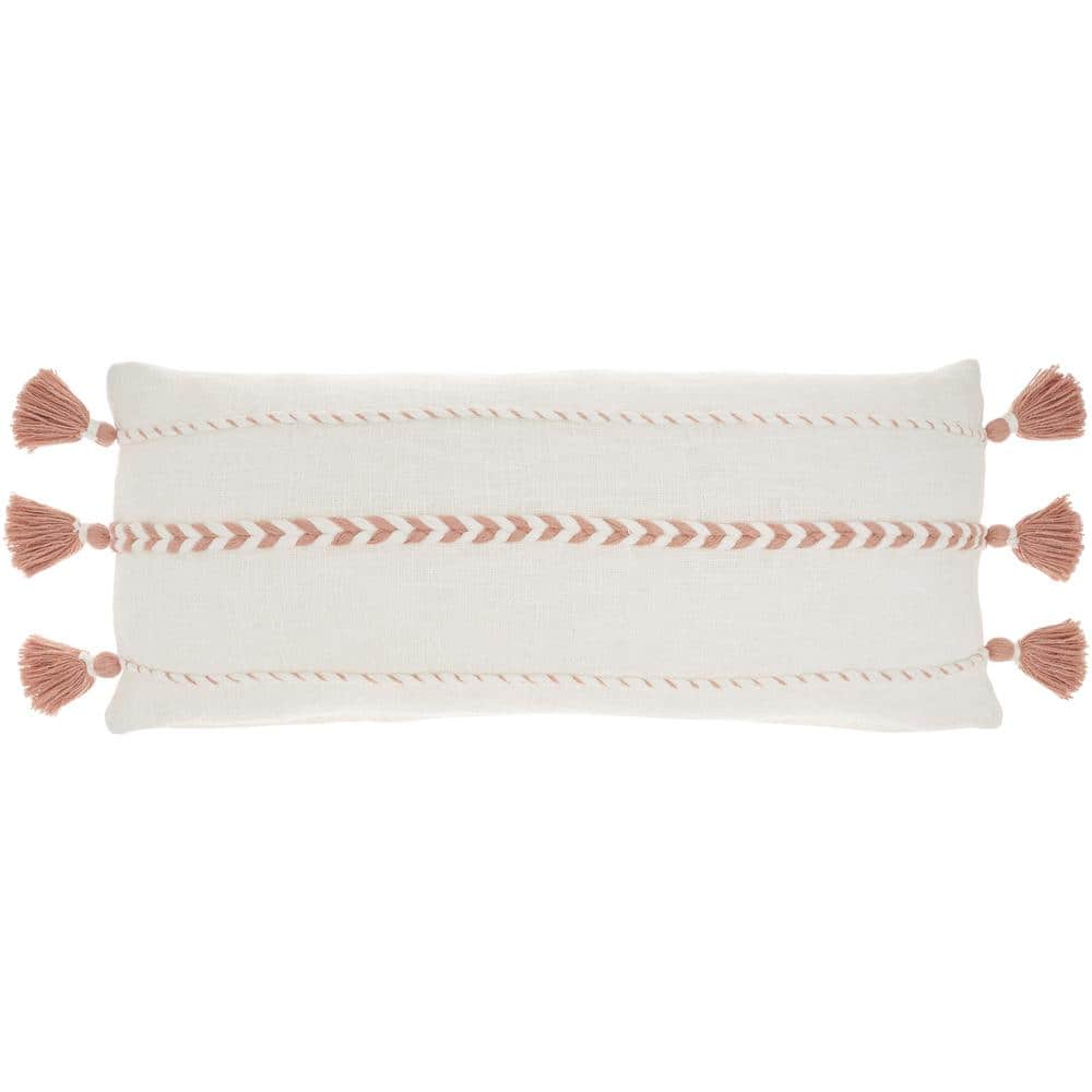 Blush Pink Cotton Lumbar Pillow with Tassels, 12" x 30"