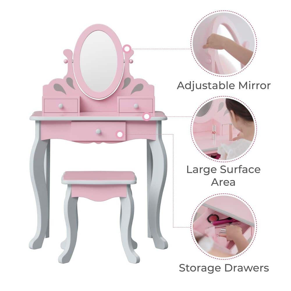 Princess Rapunzel Pink and Grey Wooden Vanity Set with Bench