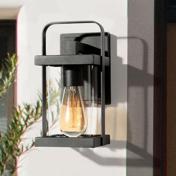 Craftsman Cage Outdoor Porch Wall Sconce 1-Light Matte Black Farmhouse Outdoor Patio Wall Light with Clear Glass Shade